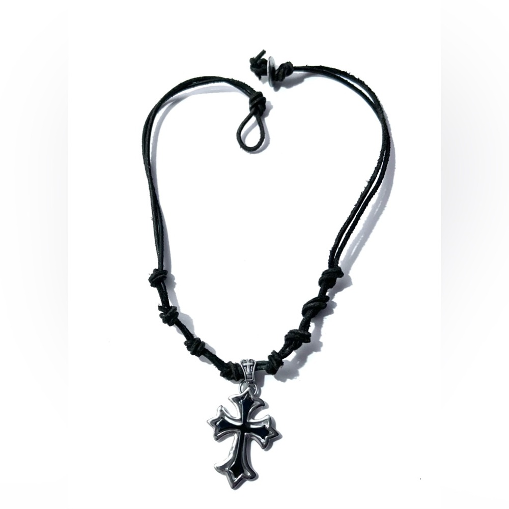 Black Cord Necklace with Silver Cross Pendant
